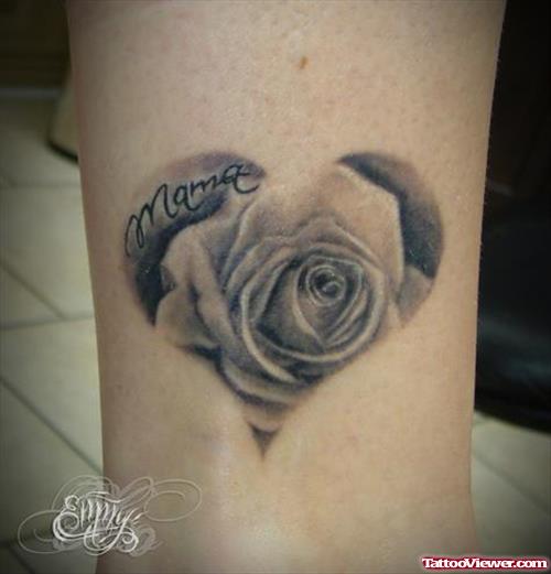 Grey Rose Flower And Heart Tattoo On Leg