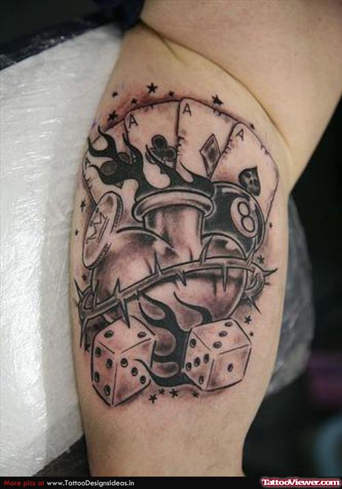 Grey Flaming Dices And Sacred Heart Tattoo on Arm