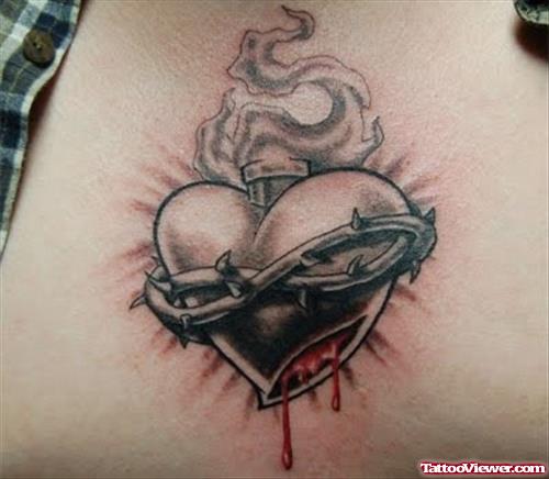 Cute Grey Ink Sacred Heart Tattoo