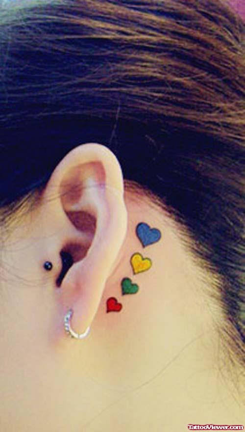 Colored Heart Tattoos Behind Ear