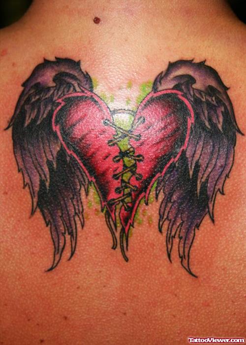 Awesome Winged Heart Tattoo On Upperback
