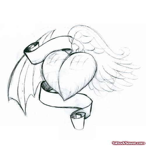 Angel And Devil Winged Heart Tattoo Design