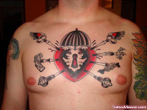 Pin Lock Heart Tattoo On Man Chest