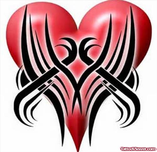 Black Tribal And Red Heart Tattoo Design