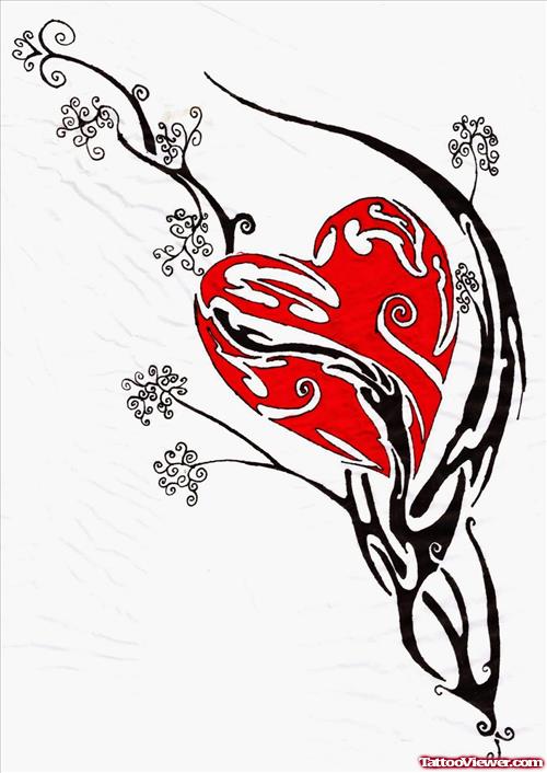 Black Tribal And Heart Tattoo Design