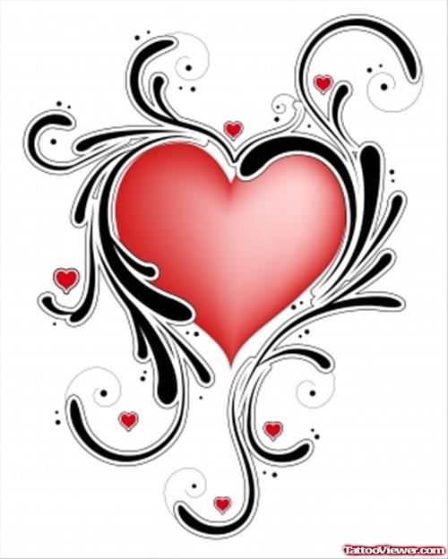 Best Black Tribal And Red Heart Tattoo Design