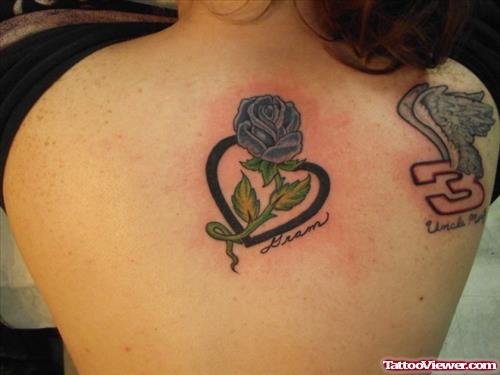 Blue Rose Flower And Heart Tattoo On Upperback