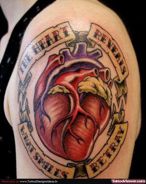 Banners And Heart Tattoo On Half Sleeve