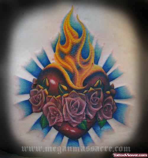 Red Roses And Sacred Heart Tattoo