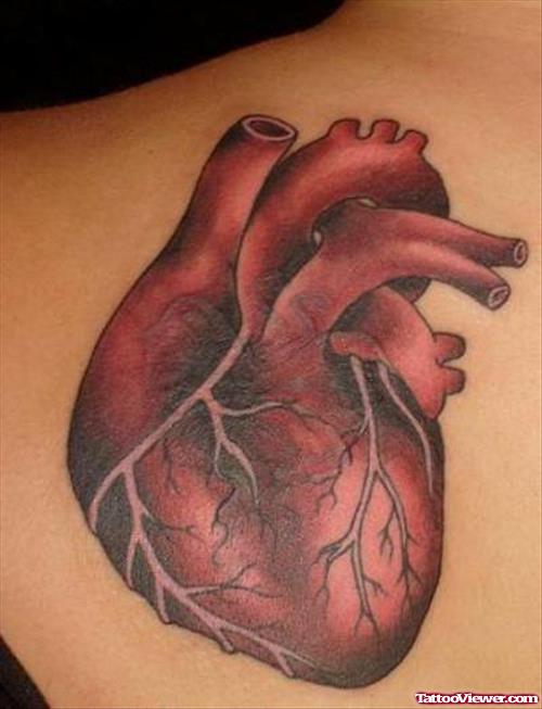 Awesome Red Heart Tattoo on Back Shoulder