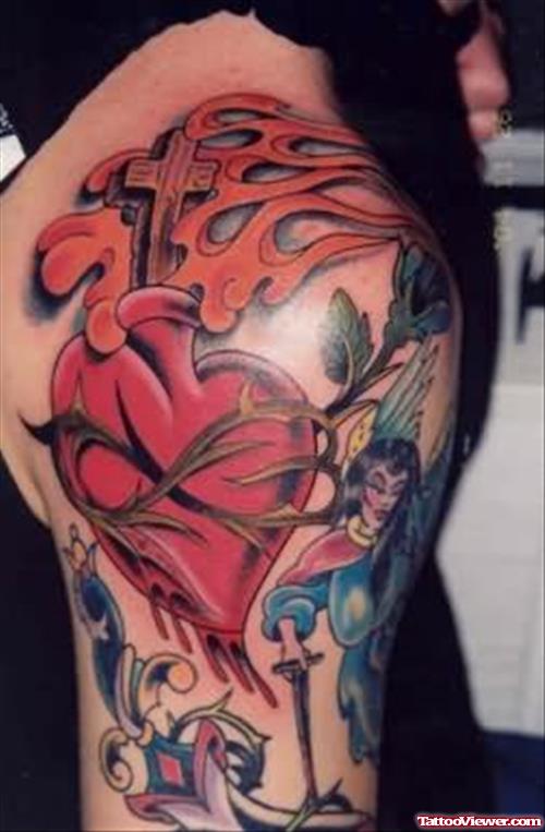Lovely Heart Tattoo On Shoulder