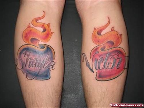 Flaming Heart Tattoos On Back Leg