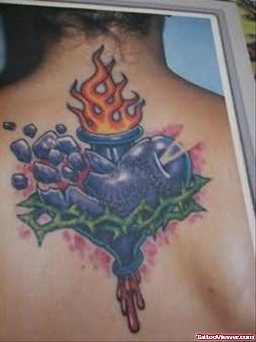Awesome Burning Heart Tattoo On Back