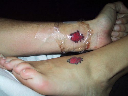 Red Human Hearts Tattoos On Wrist And Ankle