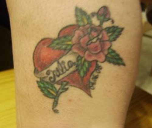 Rose Flower And Red Heart Tattoo On Bicep