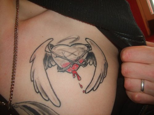Winged and Bleeding Heart Tattoo On Left Shoulder