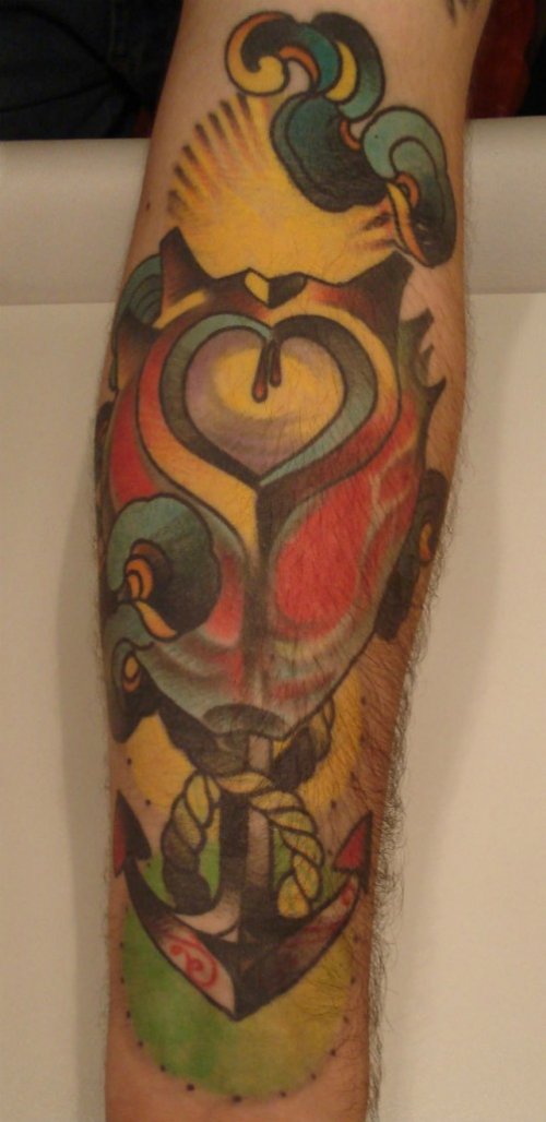 Colored Anchor And Heart Tattoo On Sleeve