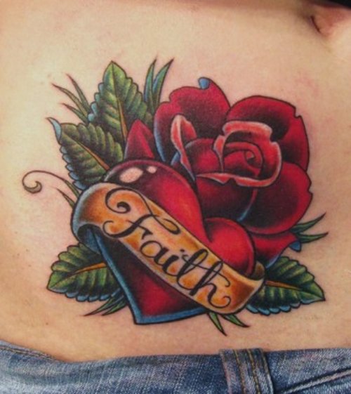 Faith Banner And Heart With Red Rose Tattoo