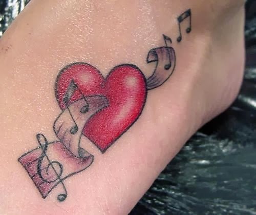 Music Notes And Red Heart Tattoo On Foot