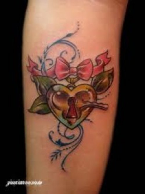 Pink Bow and Lock Heart Tattoo On Arm