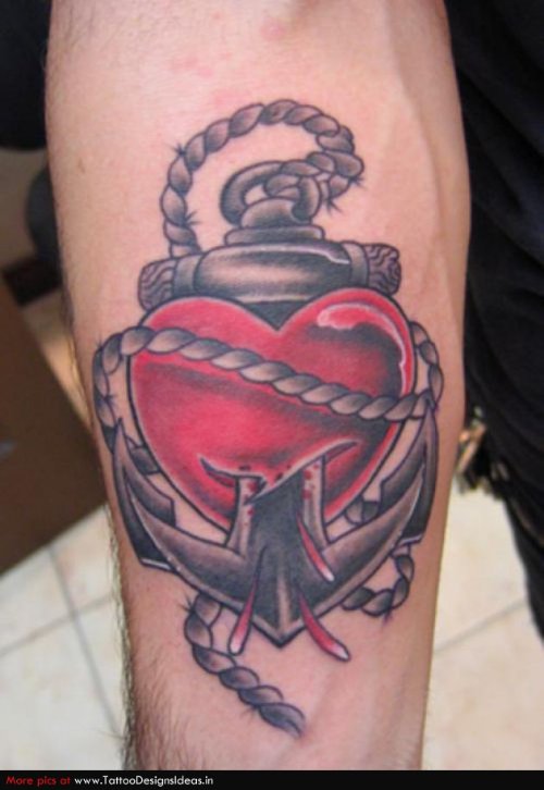 Anchor And Red Heart Tattoo On Right Arm