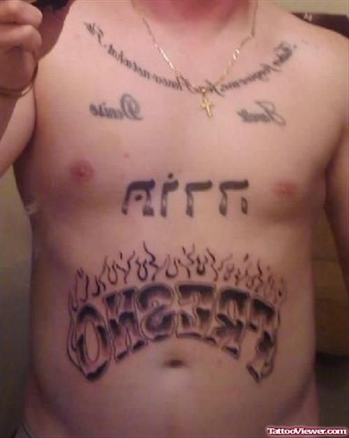 Hebrew Tattoo On Man Chest And Belly