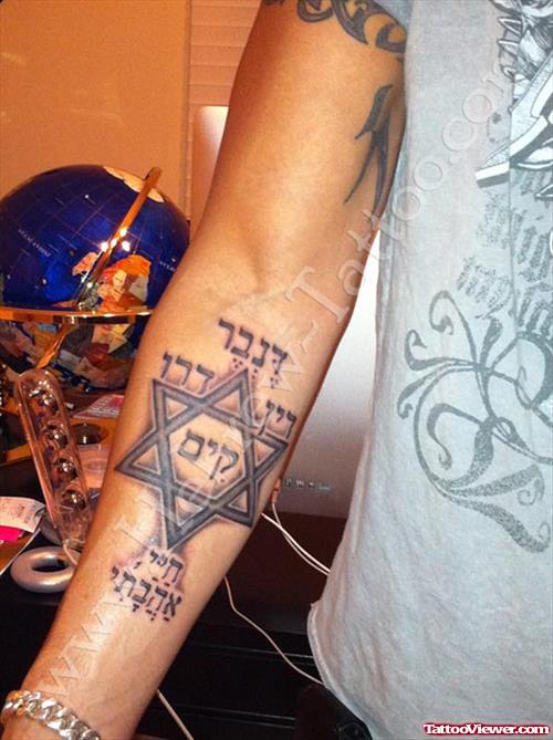 Grey Ink Hebrew Tattoo On Right Forearm