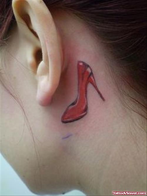 Red Ink High Heel Tattoo Behind Ear