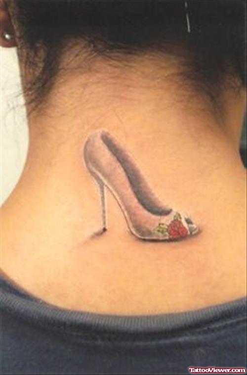 Grey Ink High Heel Tattoo On Girl Upperback
