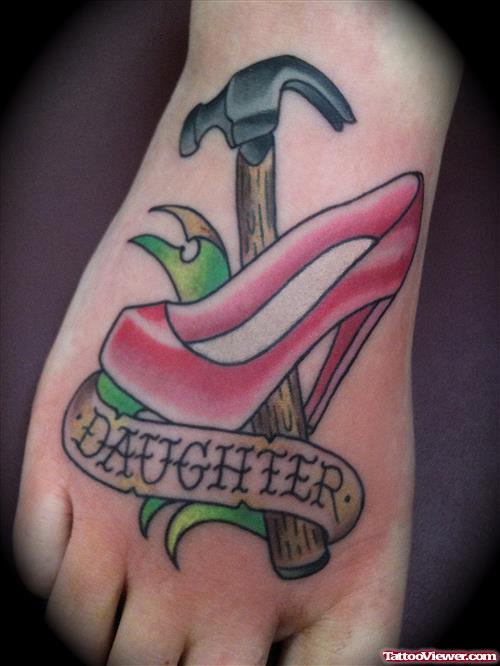 Daughter Banner And Heel Tattoo On Right Foot