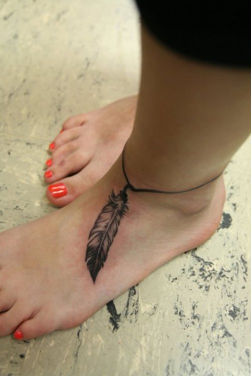 Grey Ink Feather Heel Tattoo For Girls
