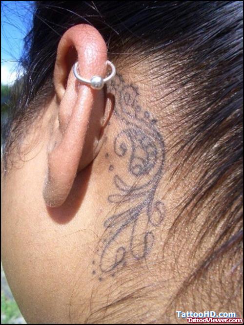 Grey Ink Henna Tattoo Behind Ear