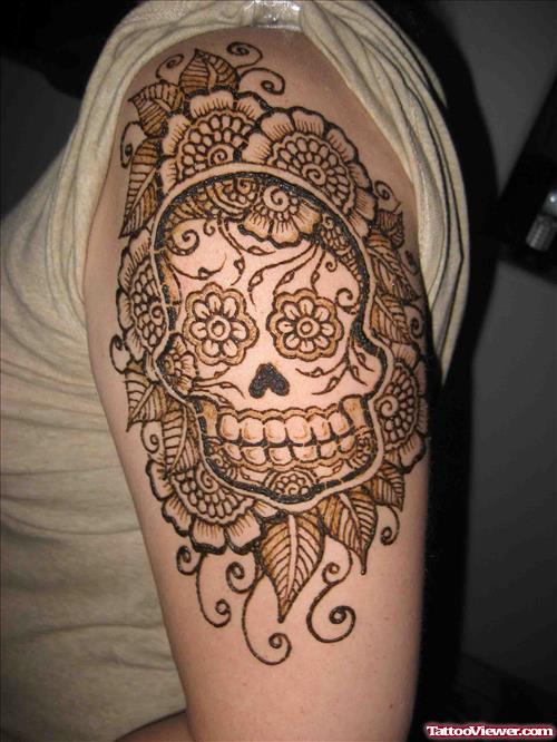 Skull and Flowers Henna Tattoo On Left Half Sleeve