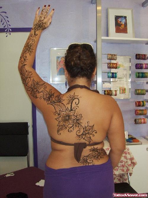 Henna Tattoo On Girl Back And Left Sleeve