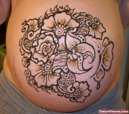 Henna Flowers Tattoo On Belly