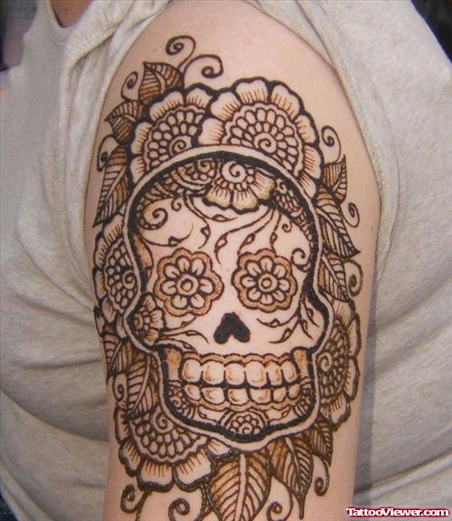 Sugar Skull Henna Tattoo On Half Sleeve