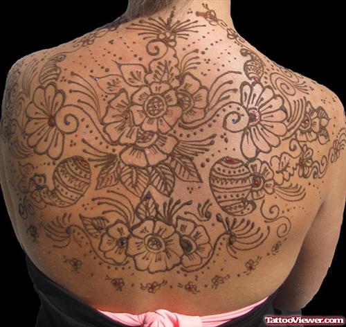 Grey Ink Flowers Henna Tattoo On Back Body