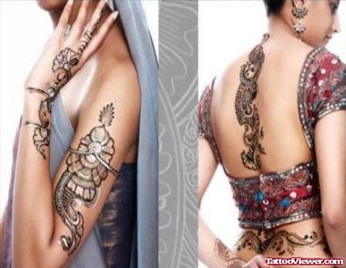 Color Henna Tattoos On Half Sleeve And Back