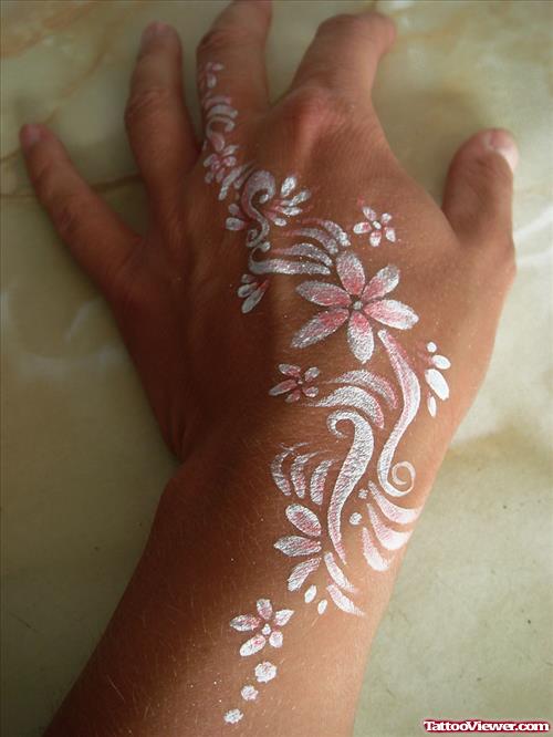 White Ink Henna Flowers Tattoos On Left Back Hand
