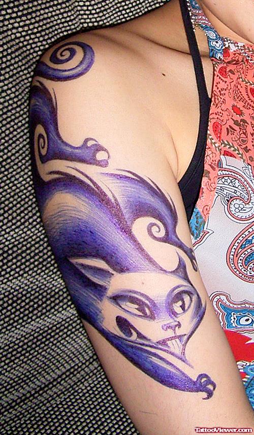 Purple Ink Cat Henna Tattoo On Right Half Sleeve