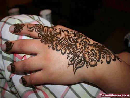 Henna Flowers Tattoos On Left Back Hand