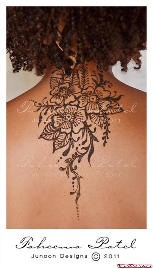 Floral Henna Tattoo On Upperback