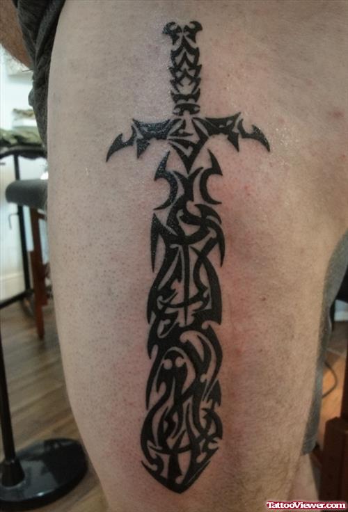 Tribal Dagger Henna Tattoo On Side Leg