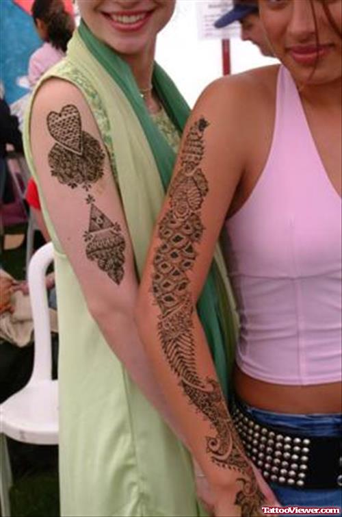 Grey Ink Henna Tattoo On Both Sleeves For Girls
