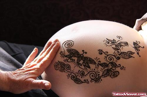 Henna Tattoo On Pregnant Lady Belly