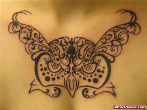 Henna Owl Head Tattoo On Chest