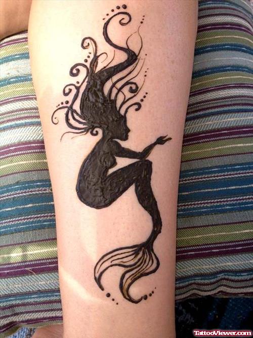 Black Ink Mermaid Henna Tattoo On Leg
