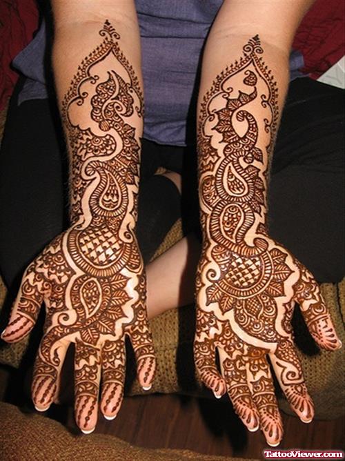 Girl With Henna Tattoo On Both Hands