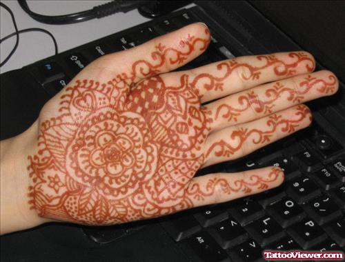 Girl Showing Her Left Hand Henna Tattoo