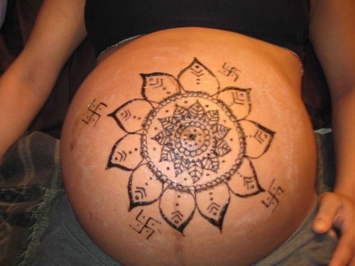 Large Flower Henna Tattoo On Belly